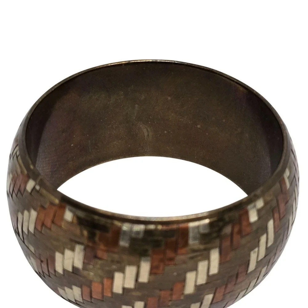 Vtg Mixed Metal Inlay Wide Bangle Bracelet Copper Brass Silver Tone Woven Patern